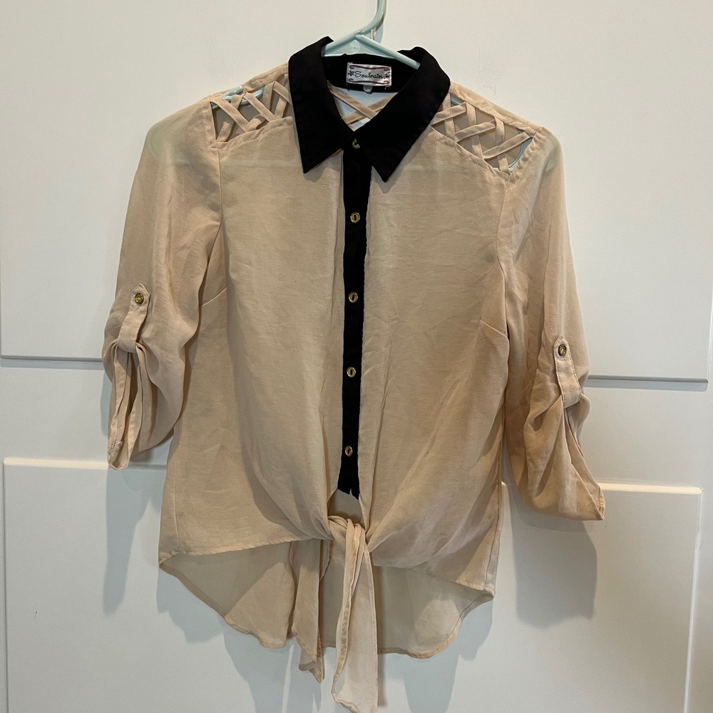 Soulmates‎ Tie Front Top Black Collar Lattice Roll Tab Sleeve Women Small Y2K